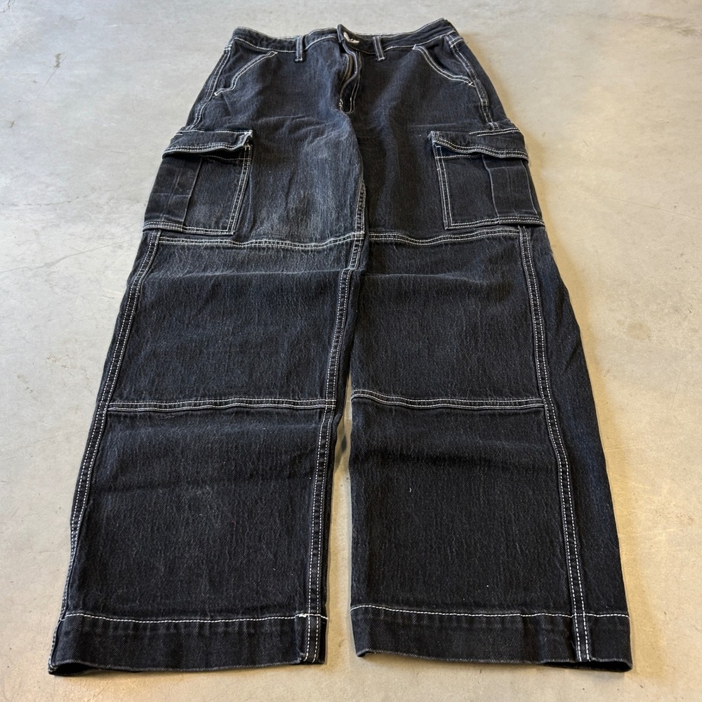 Wild Fable Super High Rise Baggy Cargo Jeans Black Contrast Stitch 28x29